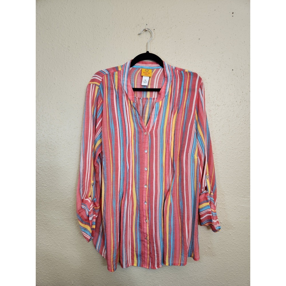 Ruby Rd Womens 1X Multicolor Striped Button Up Roll Tab Sleeve Blouse